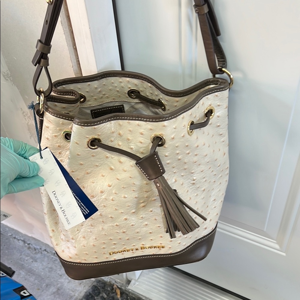 Dooney & Bourke Cream and Brown Shoulder Bag with Tassel